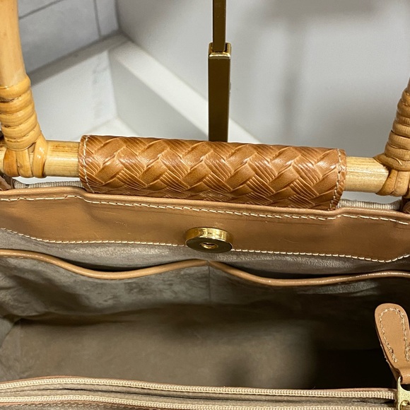 Vintage BRAHMIN PalmTree Bamboo Handles Woven Leather Handbag Crossbody Tropical - Picture 10 of 15